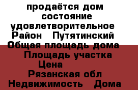 продаётся дом. состояние удовлетворительное › Район ­ Путятинский › Общая площадь дома ­ 70 › Площадь участка ­ 40 › Цена ­ 100 000 - Рязанская обл. Недвижимость » Дома, коттеджи, дачи продажа   